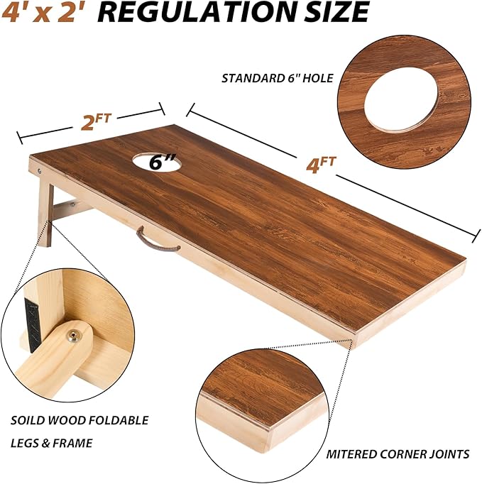 Cornhole Set 4'x2' Cornhole Board Sets with Bags Regulation Size, Corn Hole Games for Adults Outdoor Bean Bag Toss Game, Solid Wood