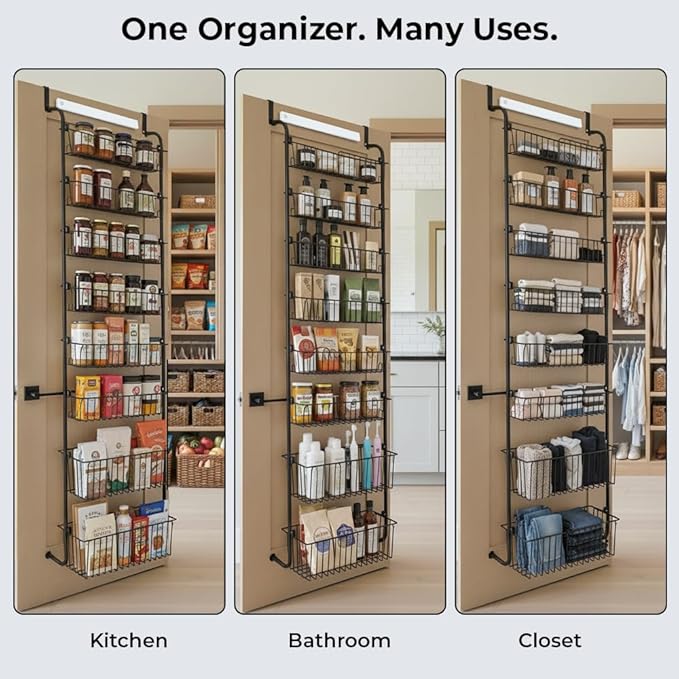 Over Door Organizer Storage - 6 Tier Black Metal Over the Door Pantry Organizer Heavy Duty Hanging Storage Rack, Behind Cabinet Shelves for Home, Kitchen, Bathroom, Closet, Pantry