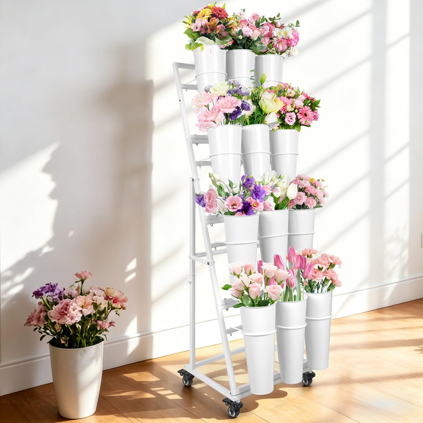ZpigToor Flower Display Stand With 12 Buckets,4-Tier Flower Bar with Wheels,Flower Cart Display Stand for Florist Garden Wedding Home Decor (White)
