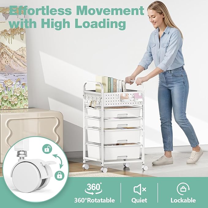 5 Drawer Rolling Storage Cart with Pegboard Top and Hooks, Mobile Utility Organizer with Wheels for Office Supplies, Craft Storage, Classroom Organization, Home Storage Cart, White