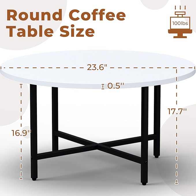 FAMIDGE Coffee Table, 23.6" Coffee Tables for Living Room, Round Coffee Table with Metal Frame, Floor Table for Sitting on The Floor, Home, Office, White