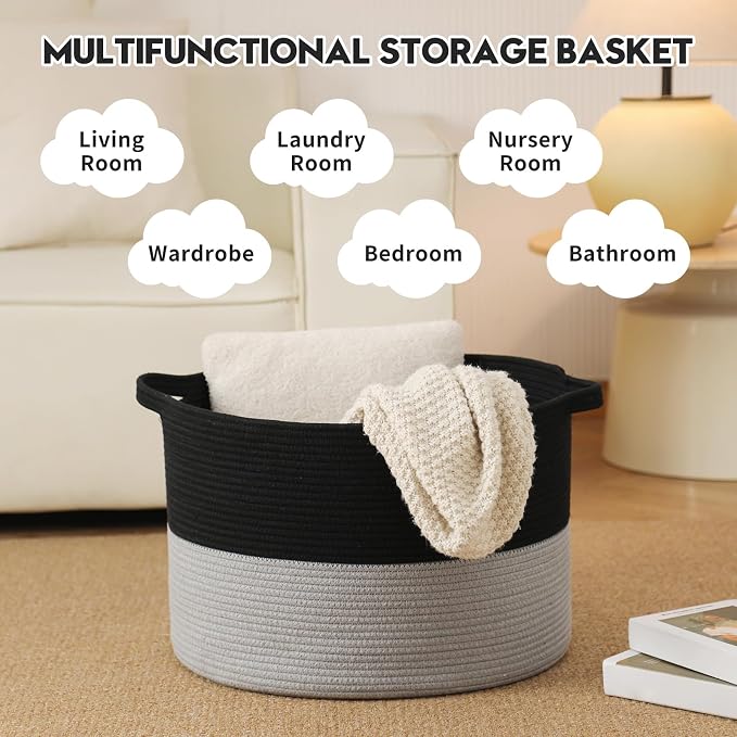 Foldable Laundry Hamper Basket with Collapsible Handle Cotton Rope Soft Woven Fabric Storage Organizer Clothes Toys Nursery Bedroom Dorm Space Saving Bin (Black & Grey, 80L(21.7"D x 13.8"H))