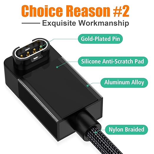 AGVEE 2 Pack 1.5ft Charger for Garmin Watch, L-Shape Zero Gap Charging Cable for Fenix, Forerunner, Vivoactive, Instinct, Venu, Tactix, Approach, D2, Quatix Series, Right Angle Braided, Black
