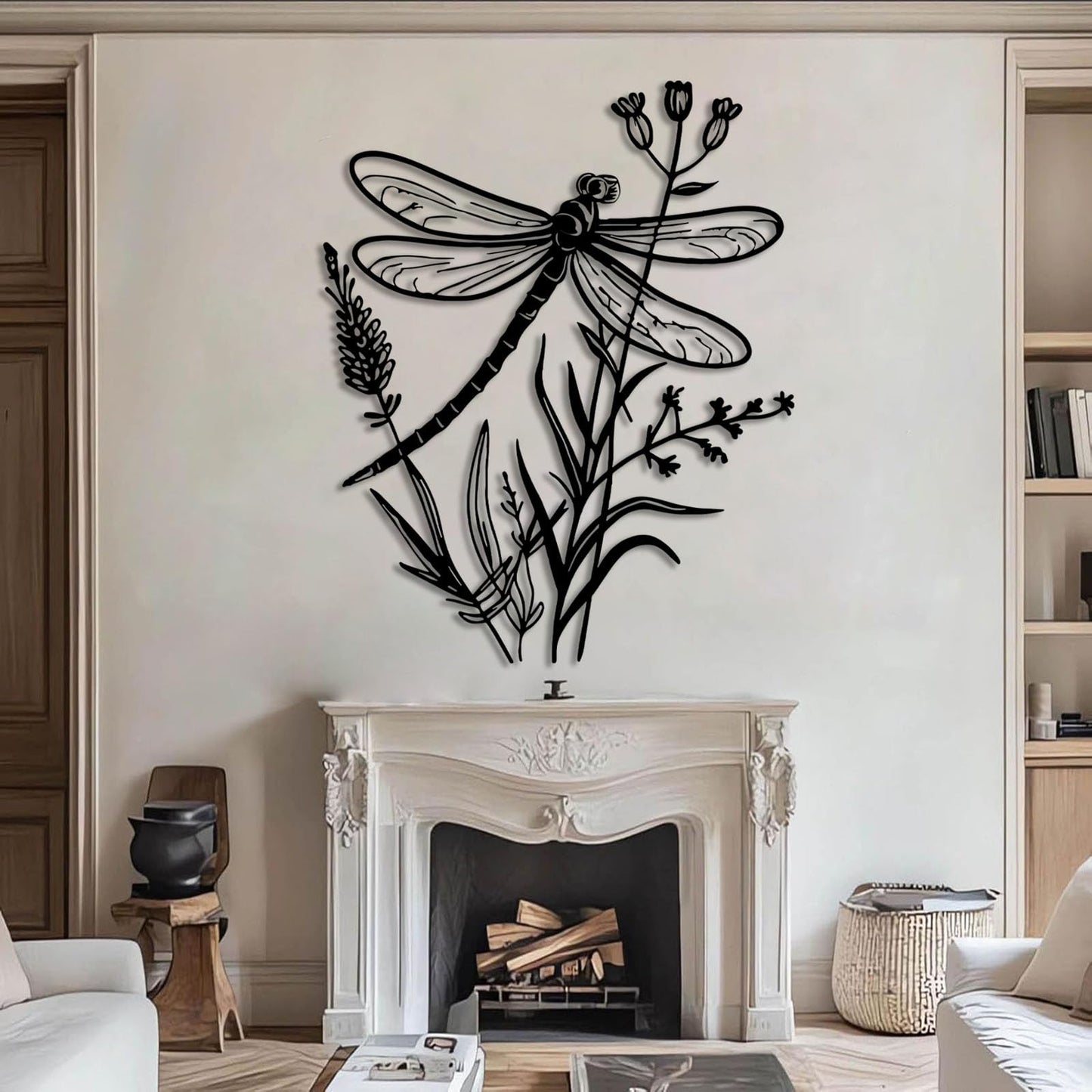 Dragonfly Metal Wall Art, Dragonfly and Flower Metal Wall Decor, Insects Wall Art, Large Dragonflies Wall Hanging, Wild Flower Wall Sculpture, Rustic Farmhouse Decorations (Black, 19"x15"/47x38cm)