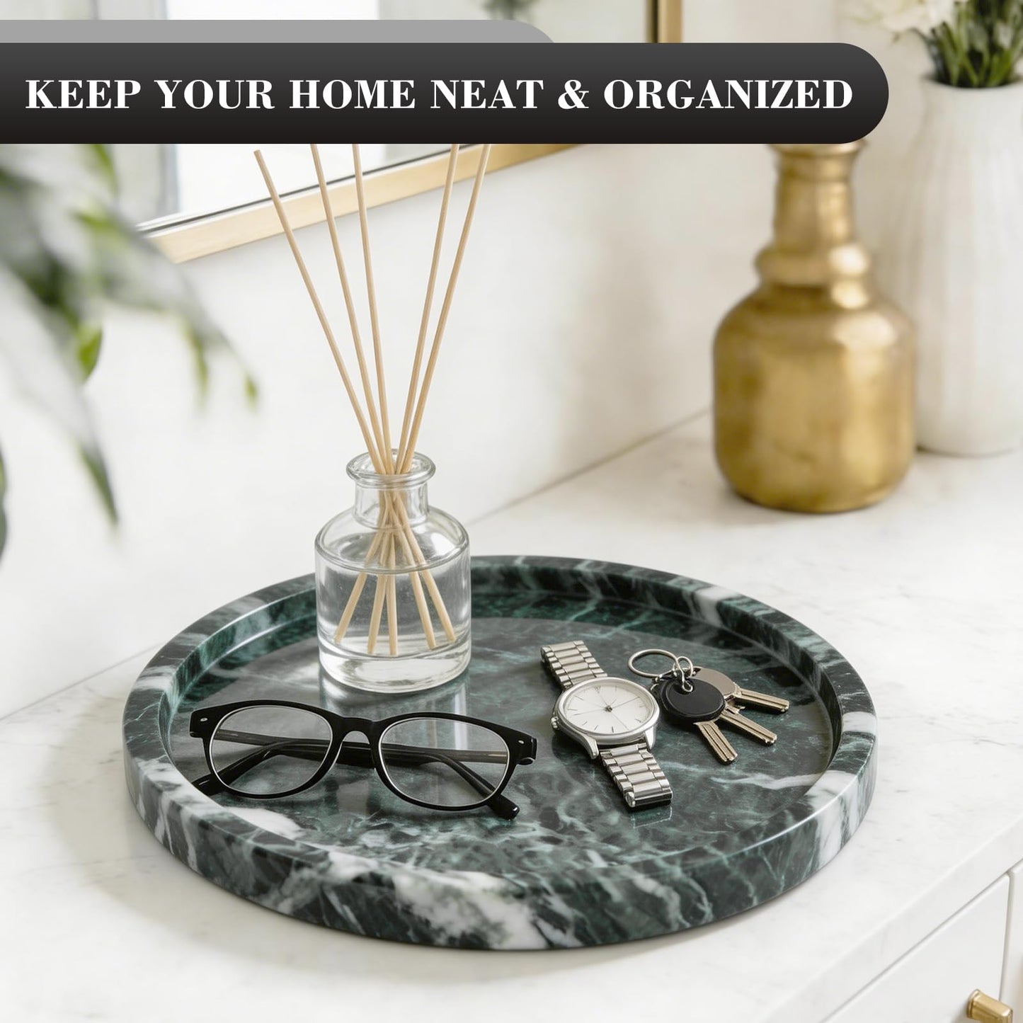 Woduelka Natural Round Marble Tray - 7.8" Marble Vanity Tray for Dresser, Bathroom, Decorative Jewelry Dish for Perfumes Rings Earrings Necklaces, Stone Tray for Home Décor, Green