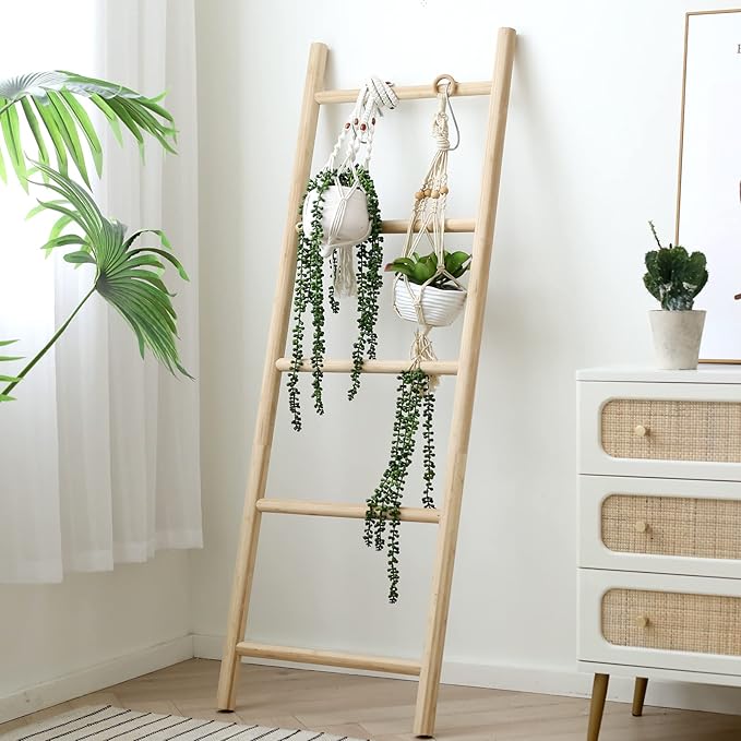 FUIN Fully Assembled 57in Bamboo Blanket Ladders Living Room Wood Decorative Wall Leaning Farmhouse Quilt Display Holder Rustic Wooden Towel Rack for Bathroom, Unfinished