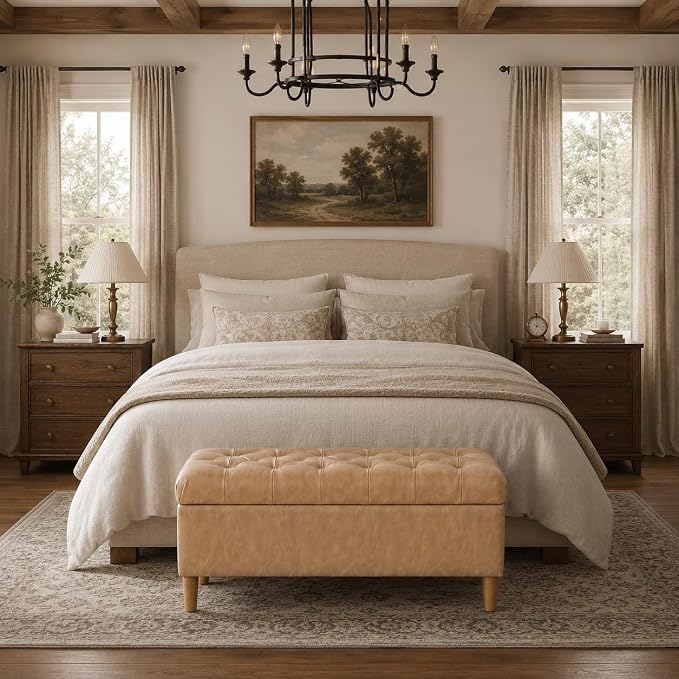 HomePop Button Tufted Storage Bench with Cone Wood Legs - Sand Faux Leather