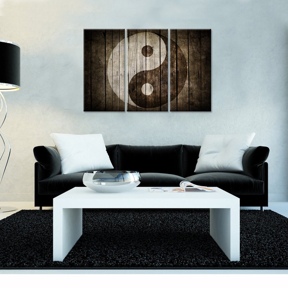 iHAPPYWALL Vintage Yin Yang Wall Art Brown Symbol Rustic Wood Painting Chinese Religion Picture for Home Living Room Ready to Hang