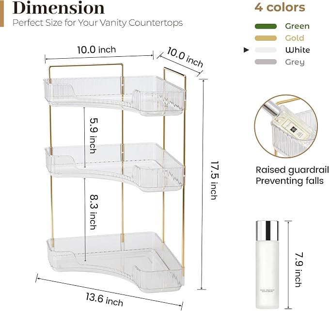 Aveniee Corner Bathroom Counter Organizer, Bathroom Countertop Shelf Makeup Storage, Clear Perfume Tray Holder (3 Tiers, White)