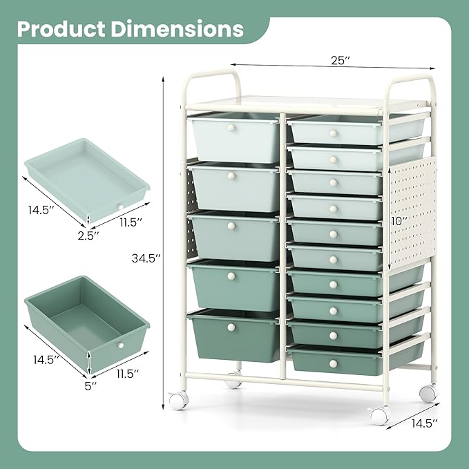 GOFLAME 15-Drawer Rolling Storage Cart with Pegboard, Craft Storage Cart with Lockable Wheels and Metal Frame, Art Cart Supply Storage Organizer for Home Office Classroom, Green Gradient
