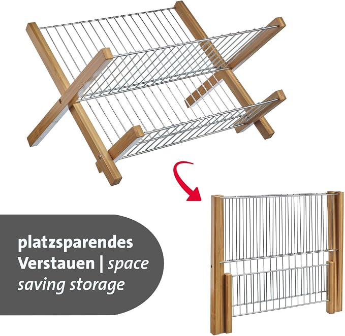 Westmark Tilo Dish Drainer - Foldable Dish Rack for Drying Tableware, Cutlery and Glasses, Dish Drainer for Sink - Bamboo, Stainless Steel