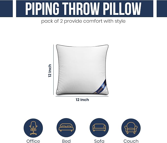 Utopia Bedding Throw Pillow Inserts (Pack of 2, White), 12 x 12 Inches Decorative Indoor Pillows for Sofa, Bed, Couch, Cushion Sham Stuffer