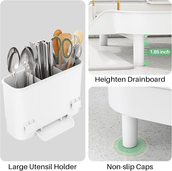 SAYZH Dish Drying Rack - Expandable Dish Rack for Kitchen Counter, Rust-Resistant Dish Drainer with Utensil Holder and Raised Guardrail, Kitchen Organizer for Cup and Bottle (Gold)