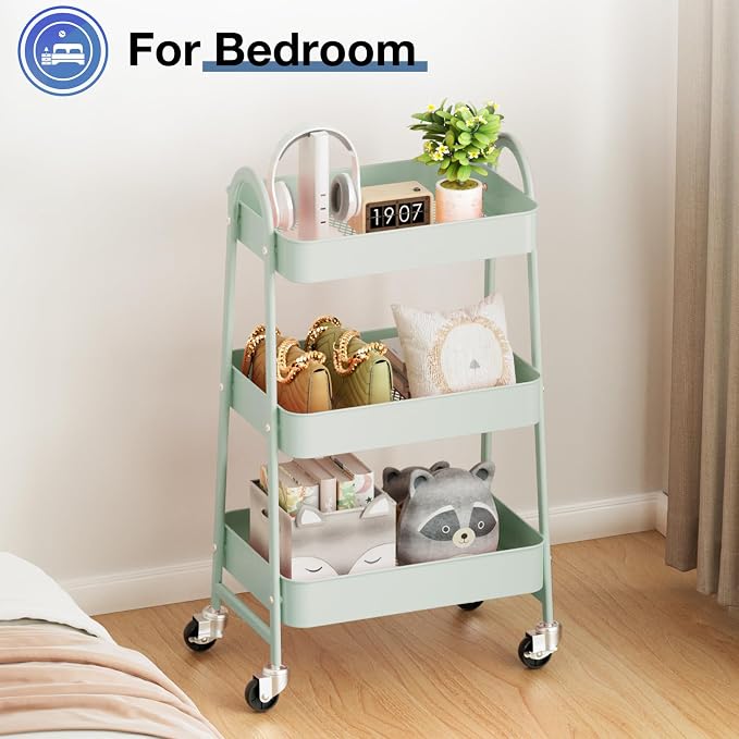 OLIXIS Metal 3 Tiers Utility Rolling Cart with Lockable Caster Wheels, Mobile Storage Shelf, Organization for Livingroom, Bathroom & Narrow Places, Pale Green