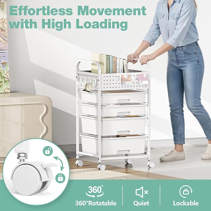 SYKIARIOL 4 Drawer Rolling Storage Cart with Pegboard Top and Hooks, Mobile Organizer Cart with Wheels for Office Supplies, Craft Storage, Classroom Organization, Home Utility Cart, White