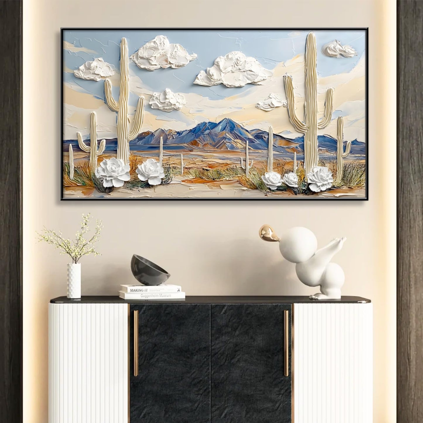 Desert Canvas Wall Art, Cactus Canvas Wall Art, White Desert Landscape Picture Print, Western Print Decor, Rustic Southwestern Painting, Cactus Landscape Decor for Living Room, Bedroom, Kitchen (Black Framed, 36"x20"| 92x52cm)