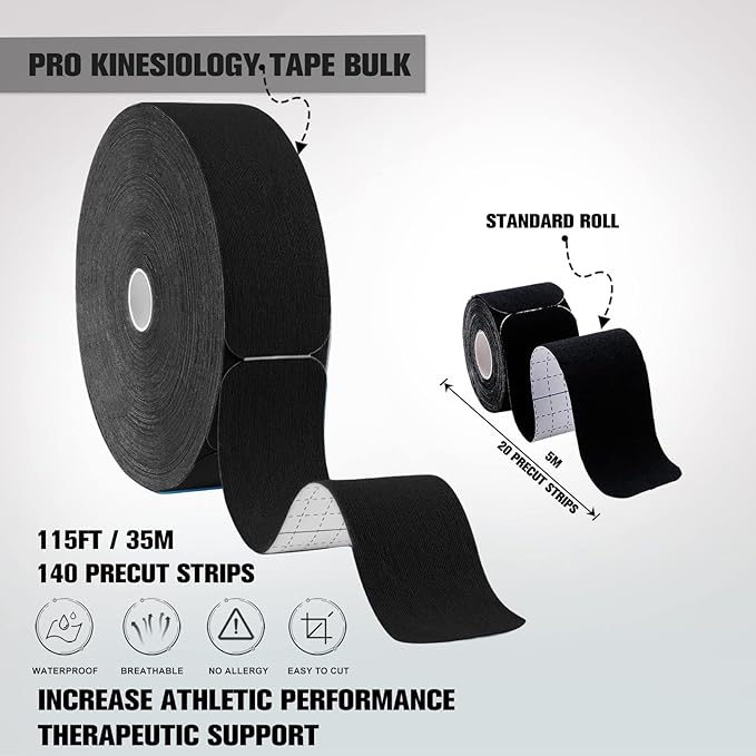 Pro Kinesiology Tape Precut Bulk, 115Ft Athletic Tape for Muscle Joint Support, 140 Strips for Knee Wrist Back Shoulder, Black