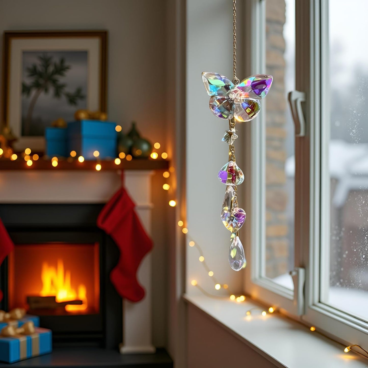 Butterfly Sun Catcher Crystals Hanging - Rainbow Maker with Prism Star & Heart Pendants | 12in Chain Window Ornament for Windows, Gardens,Bedroom, Living Room