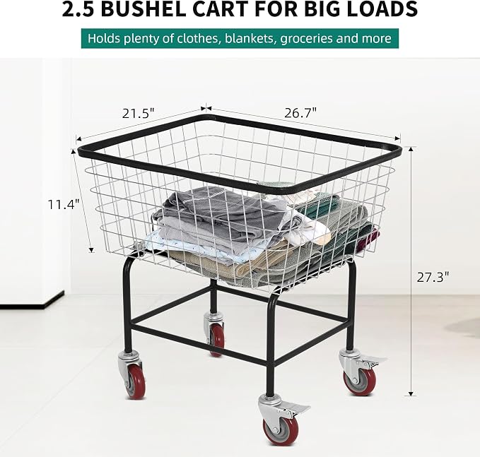 Wire Laundry Cart with Wheels, 2.5 Bushel Rolling Laundry Basket, Commercial Basket Carts for Laundry Room, Hotel, Home, Apartment Use, Durable Steel Frame with Galvanized Finish, 5" Casters