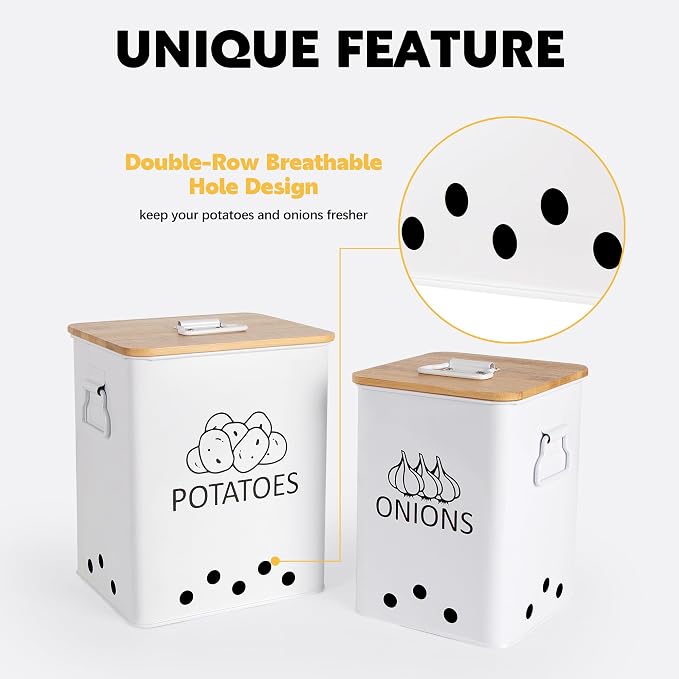 Potato and Onion Storage Bin, Set of 2 Vegetable Storage Tins with Wooden Lids & Side Handles, Dual-row Ventilation Holes, Farmhouse Metal Kitchen Canisters Sets, White