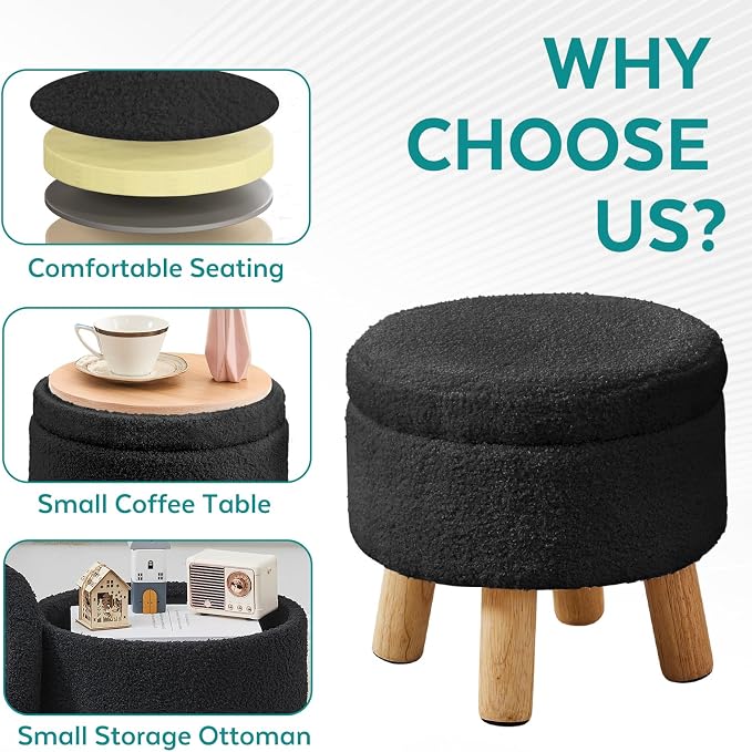 Small Foot Stool Ottoman with Storage, Sherpa Ottoman Foot Rest for Couch, Round Footstool with Storage, Small Ottomans and Footstools for Living Room and Entryway (Black)