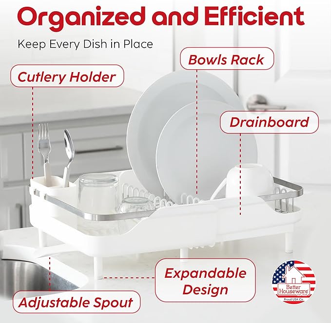 Better Houseware Expandable Dish Drying Rack - Space-Saving Stainless Steel Dish Racks for Kitchen Counter with drainboard and Detachable Cutlery Holder, Large, White