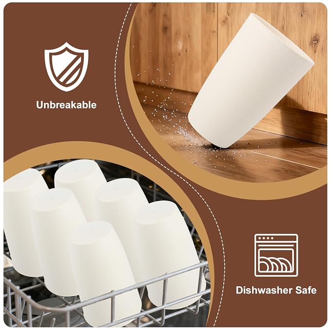 SINOGE Drinking Glasses Wheat Straw Cups 20 OZ PlasticTumbler Large Capacity Cups | Set of 6 | Reusable Plastic Tumbler Dishwasher Safe Water Glasses Drinking Cups for Kitchen - Beige