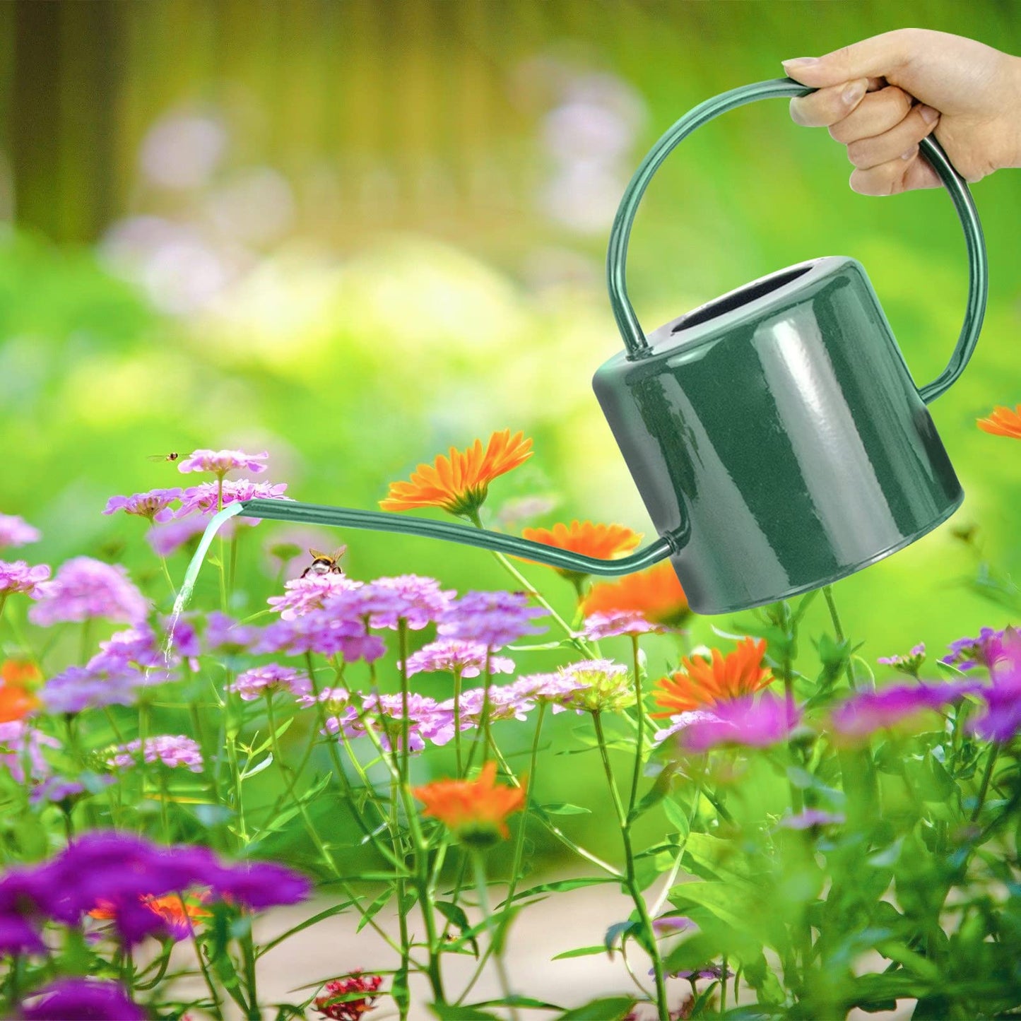 Lechloris Indoor Watering Can for Houseplants - Long Spout Metal Watering Can for Indoor Plants,Succulents or Outdoor Garden Flower, 1.3L / 40 oz Green