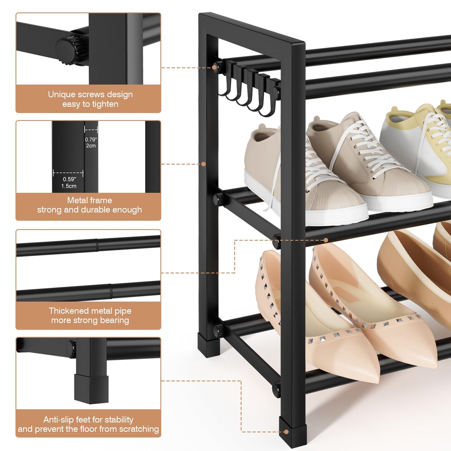VGOBLO Expandable Shoe Rack - 18.5''- 47'' Adjustable Shoe Rack for Closet, 3 Tier Long Shoe Shelf Storage for 18 Pairs Shoe and Boot, Sturdy Metal Shoe Organizer for Entryway, Garage, Black