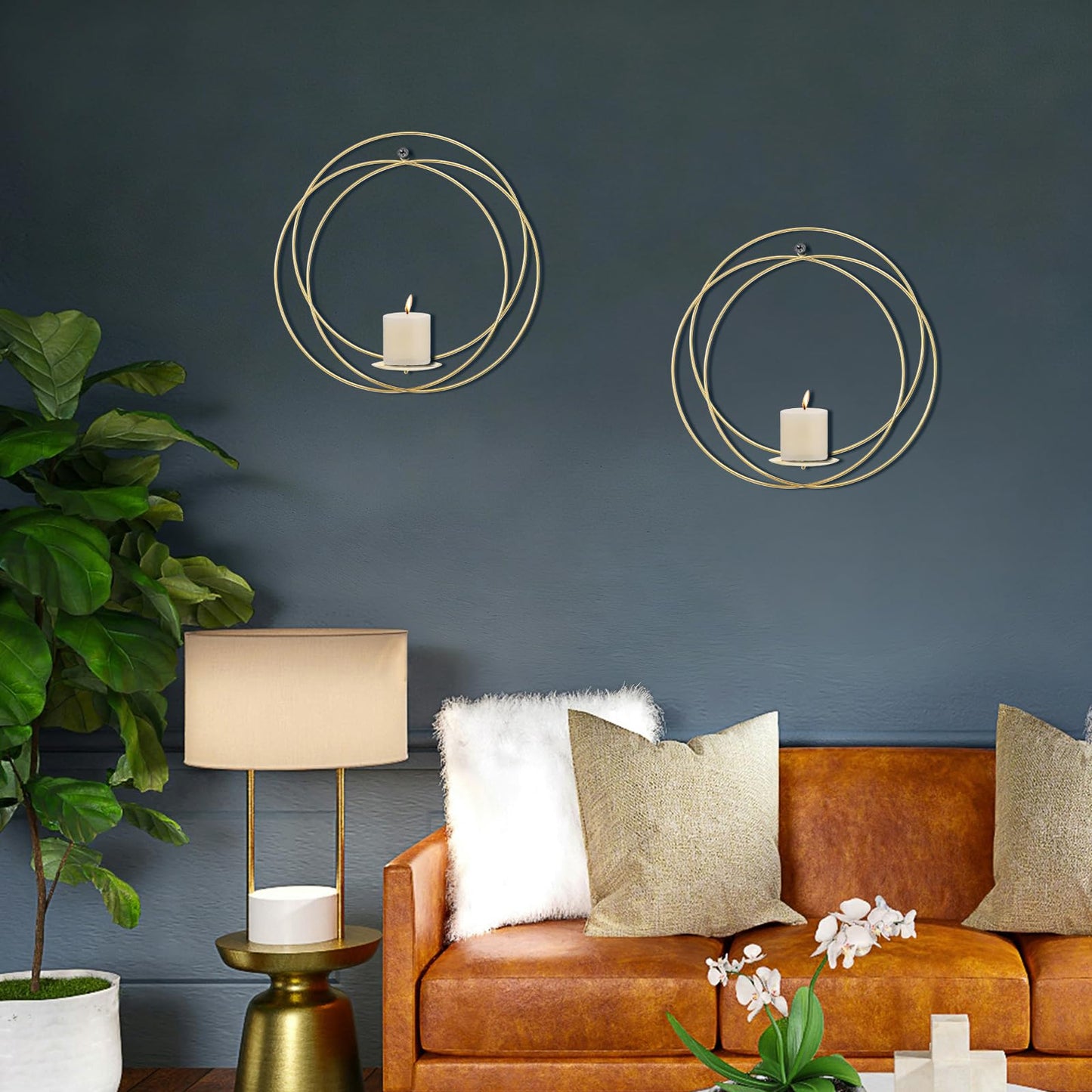 Wall Candle Sconces Set of 2 Gold Metal Hanger with Wood Base Farmhouse Rustic Wall-Mount Candle Holders Modern Wall Decorations for Living Room Bathroom Garden Patio Office
