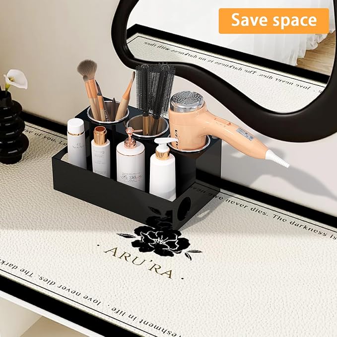 Hair Tool Organizer, Black Acrylic Hair Dryer Holder with Insulated Cup, Bathroom Supplies Countertop Blow Dryer Holder, Vanity Caddy Storage Stand for Accessories, Makeup, Toiletries