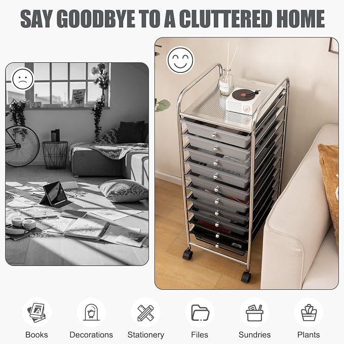 MEDIMALL 10 Drawers Rolling Storage Cart, Multipurpose Craft Storage Cart with Wheels, Mobile Tools Scrapbook Paper Organizer Cart for Office School Home Use