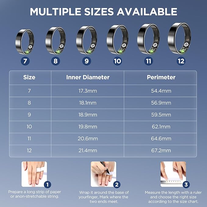 Ultra-thin Sleep & Fitness Tracker, Smart Ring for Women Men, Activity Trackers Fitness Ring with 24/7 Heart Rate Monitor, Step Counter, Calorie Pedometer, No Subscription, for iOS Android (Black #7)