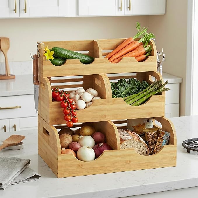 Upgraded 3 Tier Bamboo Pantry Storage Bins,Large potato storage With 2 Banana Hangers,Stackable Potato and Onion Storage Bin with Airflow Vent, Pantry Baskets, Vegetable Storage,for Kitchen Countertop