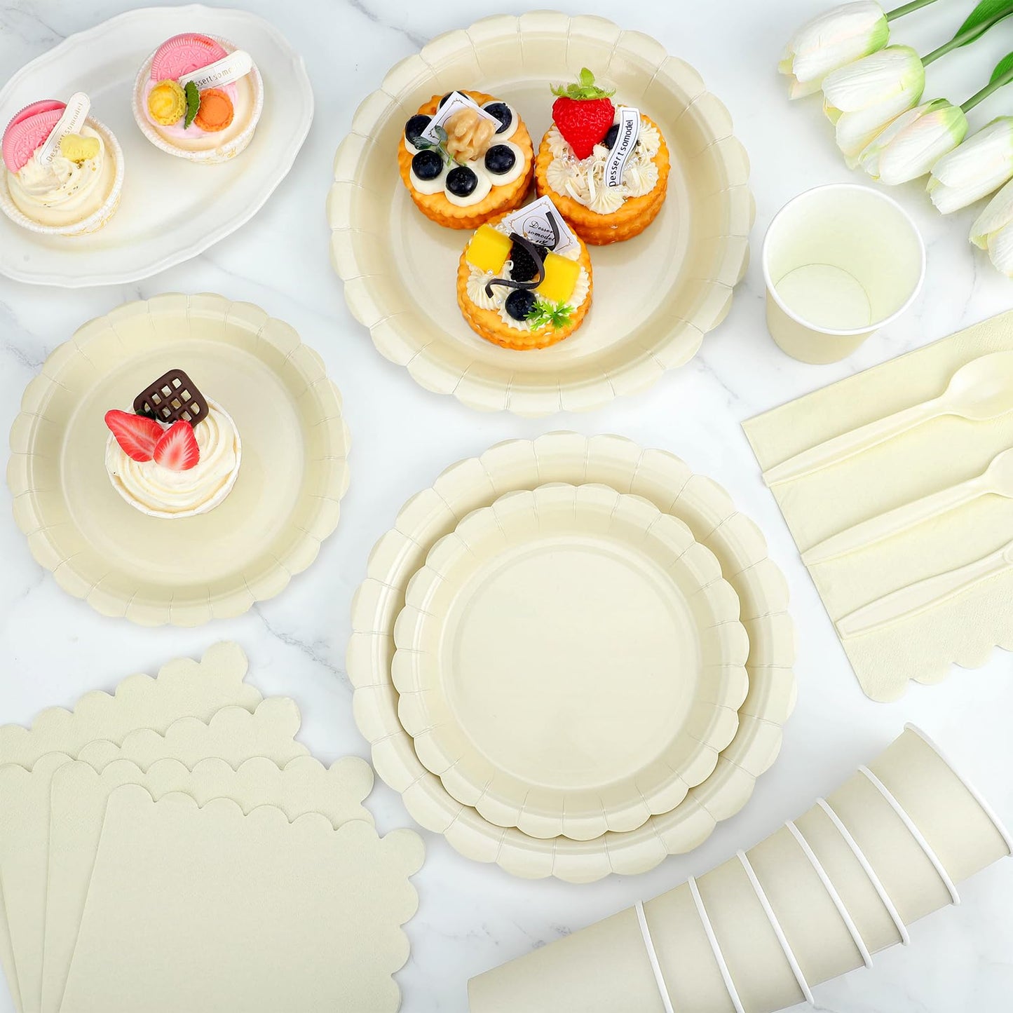 Xiangqu 175 Pcs Ivory Paper Plates and Napkins, Beige Party Supplies Include Scalloped Cream Plates Napkin Cup Plastic Cutlery for Wedding, Bridal&Baby Shower, Birthday