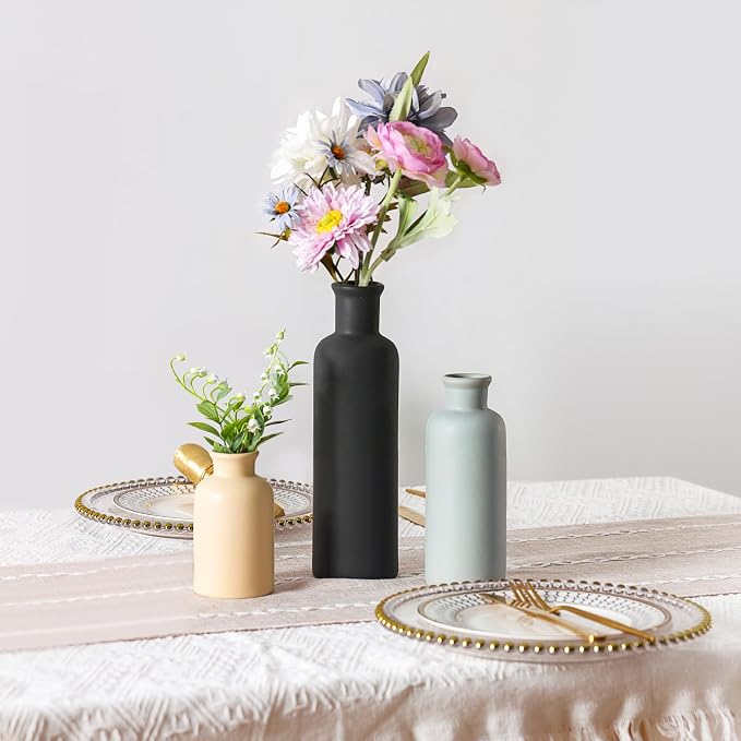 Ceramic Vase Set of 3, Neutral Rustic Vases for Farmhouse Decor, Pampas Grass & Dried Flowers and Table Living Room Home Decor