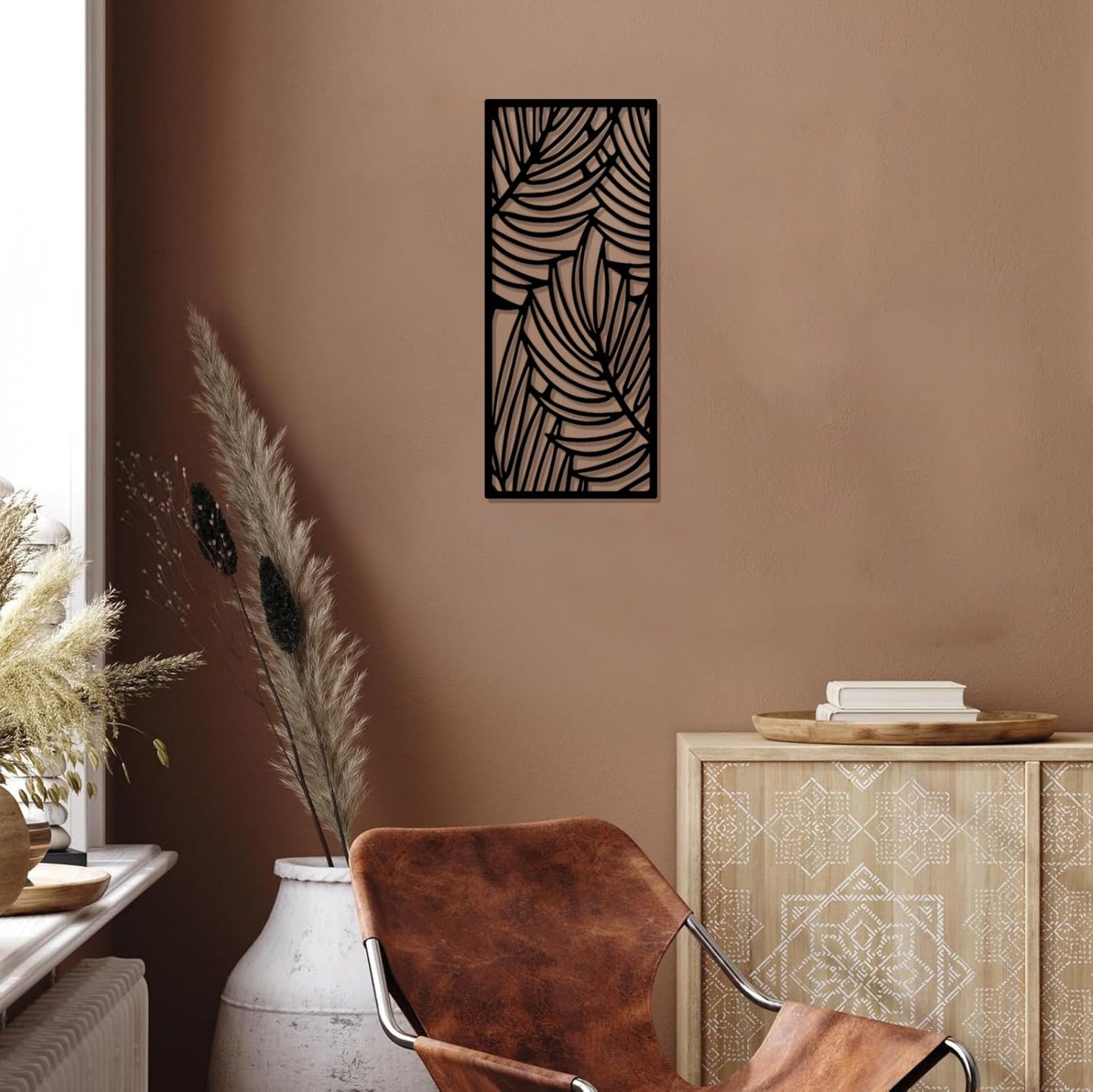 DUOOLN Metal Leaf Wall Decor Art, Minimalist Bohemian Tree Branches Leaves Sculpture Silhouette Ornament Hanging Sign for Home Balcony Garden Living Room Christmas Housewarming Gift-16.9 * 7.28in