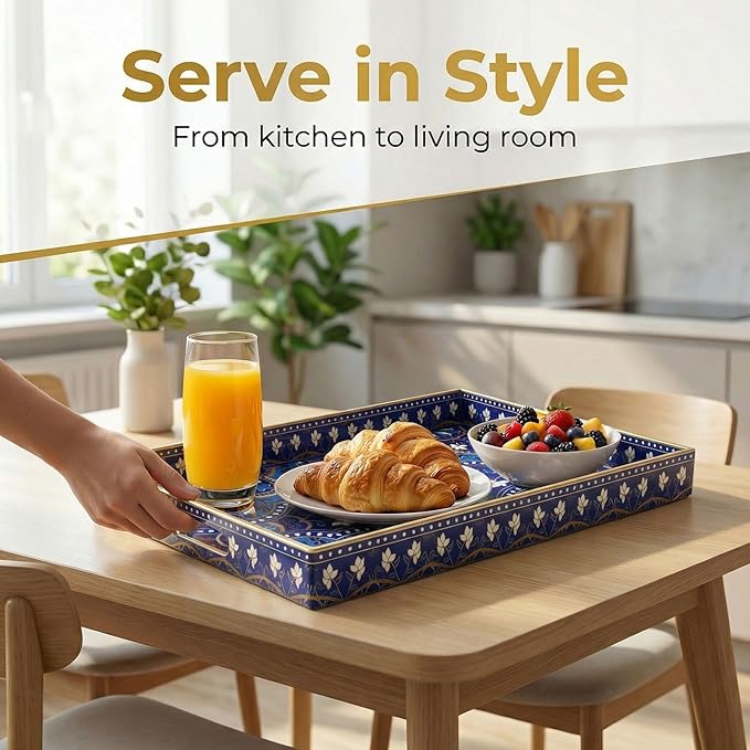Decorative Serving Tray with Handles - 15.7" x 11.8" Blue Mandala Pattern Rectangular Plastic Platter - Boho Coffee Table Tray for Ottoman, Breakfast in Bed & Living Room Decor