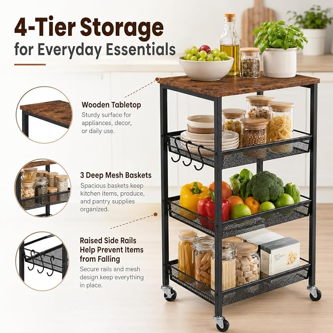 Homleke 4-Tier Rolling Kitchen Storage Cart, Utility Cart with Wooden Tabletop & Metal Baskets, Fruit Vegetable Basket for Kitchen, 3-S Hooks, Rustic Brown and Black