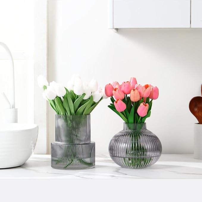 Ribbed Glass Vases, Set of 2 Fluted Vases for Flowers, Black Glass Vase for Tulips, Modern Vase for Living Room, Kitchen, Office, Entryway, Mantle, Bookshelf, Wedding Gifts, Birthday