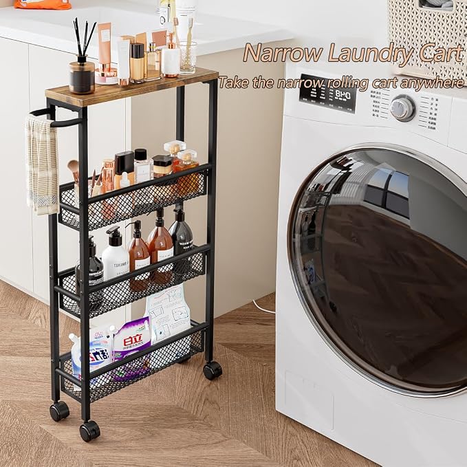 AZERPIAN Slim Rolling Cart 5 Tier Narrow Storage Cart on Wheels with MDF Board Top and Metal Handle for Small Space Kitchen Living Room Home Office Pantry Bathroom Laundry (16.38 x 5.12 x 39.17 inch)