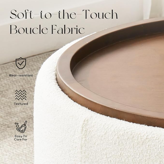 Zihanhome 30 Inch Round Storage Ottoman Coffee Table, Modern Boucle Ottoman with Lift-Off Lid and Solid Wood Legs for Living Room, Bedroom, Corners, Apartments (Beige)