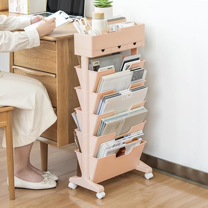 5 Tier Rolling Book Cart Multi-Functional Movable Storage Bookshelves with Lockable Wheels for Study Office Library Classroom, (Pink, with Wheel)
