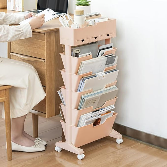 5 Tier Rolling Book Cart Multi-Functional Movable Storage Bookshelves with Lockable Wheels for Study Office Library Classroom, (Pink, with Wheel)