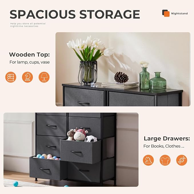 Sweetcrispy Dresser for Bedroom, Fabric Dresser with 8 Drawers, Chest of Drawers for Closet, Living Room, Sturdy Steel Frame, Wooden Top, Easy Pull Handle, Ash