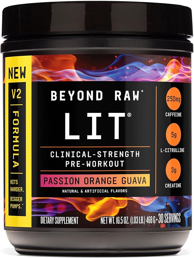 BEYOND RAW LIT V2 Clinical Strength Pre Workout Powder, Hits Harder, Bigger Pumps, Caffeine, L-Citrulline, Creatine, Passion Orange Guava, 30 Servings
