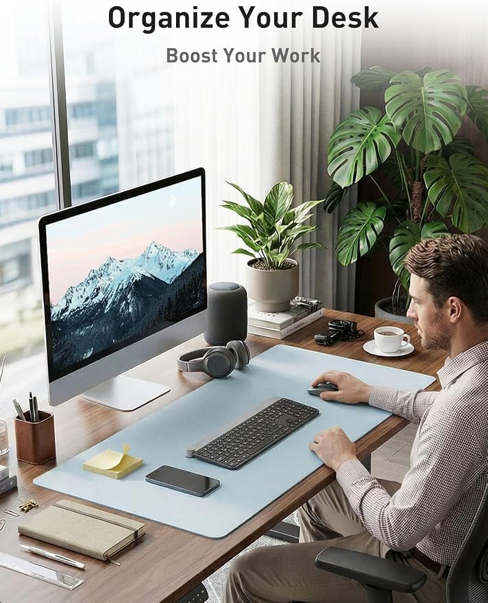 Aothia Faux Leather Desk Mat - Non-Slip PU Leather Desk Blotter, Waterproof Writing Surface, Large Desk Pad for Office & Home (Baby Blue, 55" x 17")
