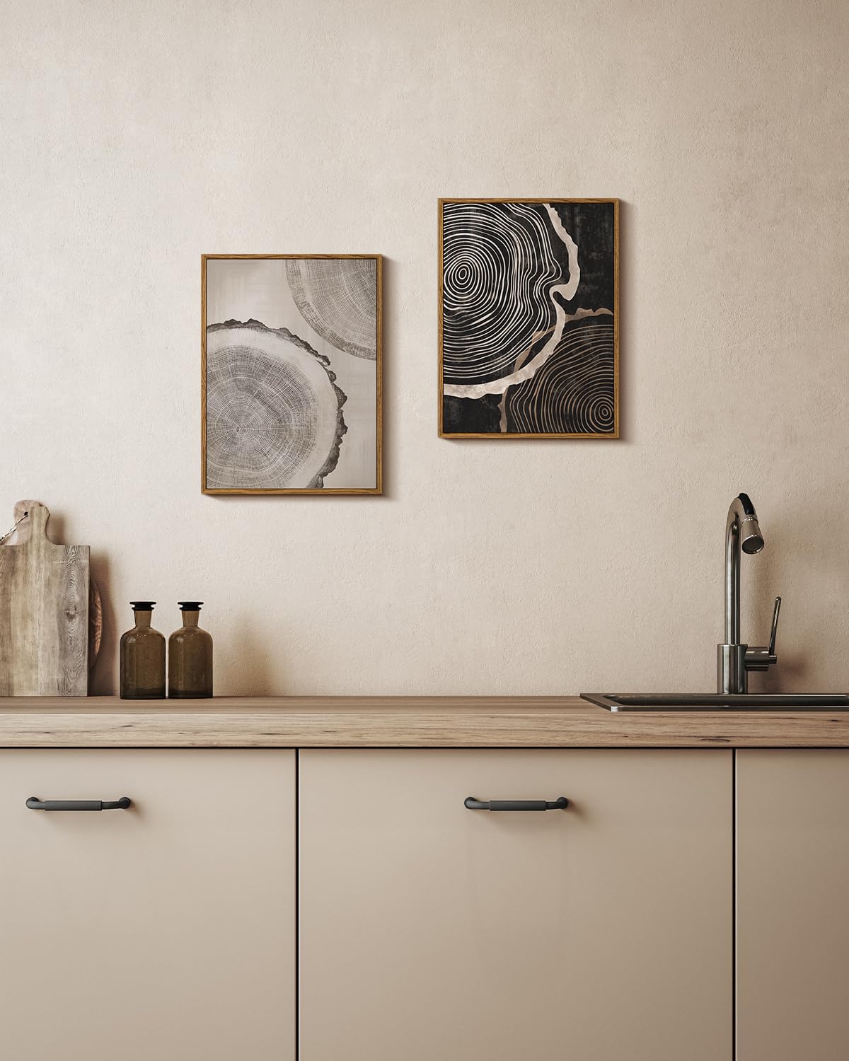 HUARCEY Framed Canvas Art Print Set 2PCS Wood Tree Ring Spiral Wall Art, Modern Neutral Nature Print Set of 2 Minimalist Abstract Nordic Wall Decor, Diptych Log Slice Wood Stump Painting