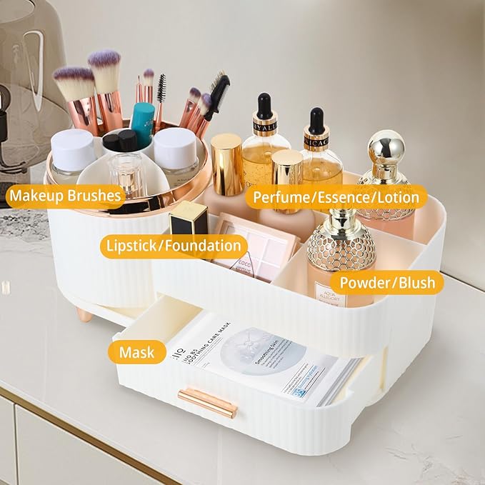 Makeup Organizer Countertop with Drawer 360 Rotating Brush Holder Storage Large Capacity Skincare Cosmetic Display Cases for Vanity Bathroom Desktop, Model 3016 White