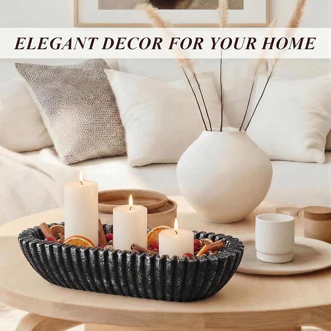 Large Decorative Bowl for Home Decor Long Dough Bowls Coffee Table Decor Centerpiece Black Ruffle Scalloped Resin Modern Handicraft Bowl for Kitchen Counter Farmhouse Entryway Stylish Key Storage